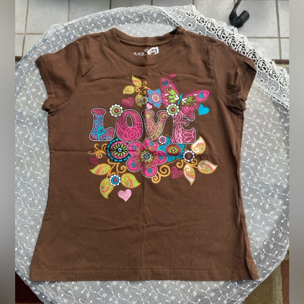 early 2000s children’s place Brown Tee with Colorful Butterfly Design